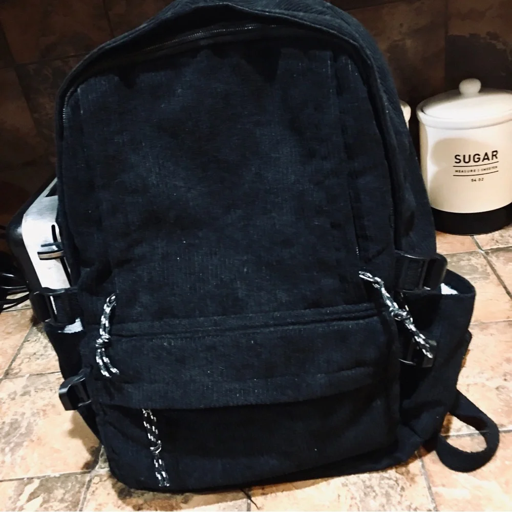 Black courderoy corduroy cotton ribbed knit backpack bag school college dorm